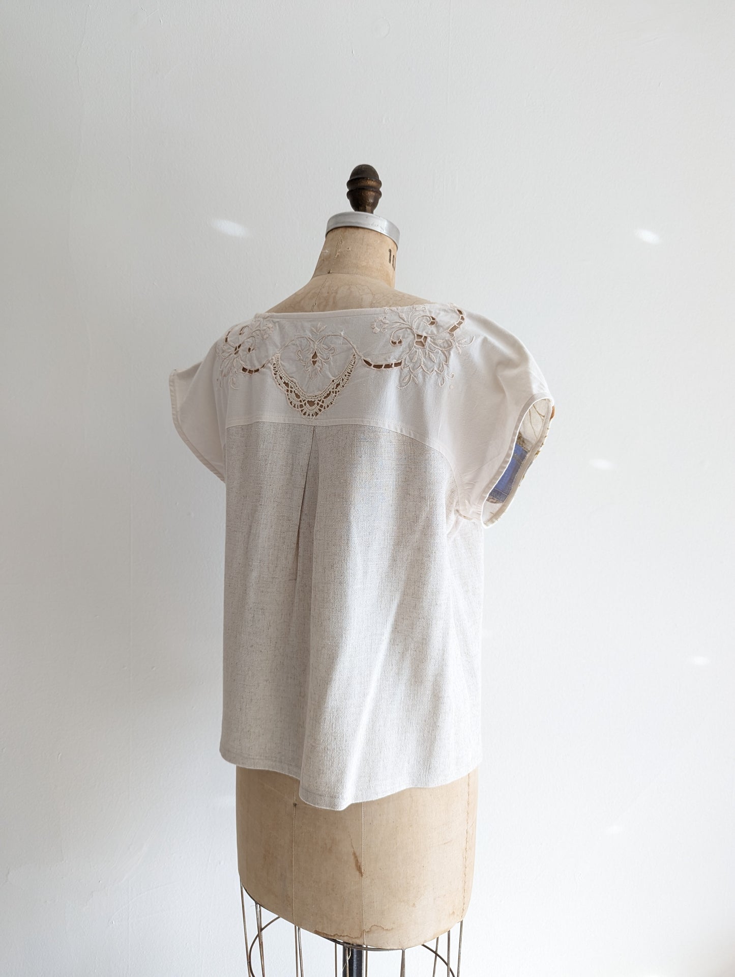 Peony Top - One of a Kind Upcycled Vintage Yoke & Linen Blend in Oat Size L #PEO16