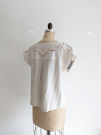 Peony Top - One of a Kind Upcycled Vintage Yoke & Linen Blend in Oat Size L #PEO16