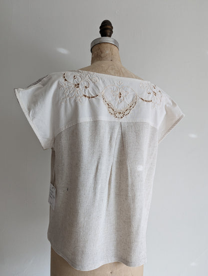 Peony Top - One of a Kind Upcycled Vintage Yoke & Linen Blend in Oat Size L #PEO16