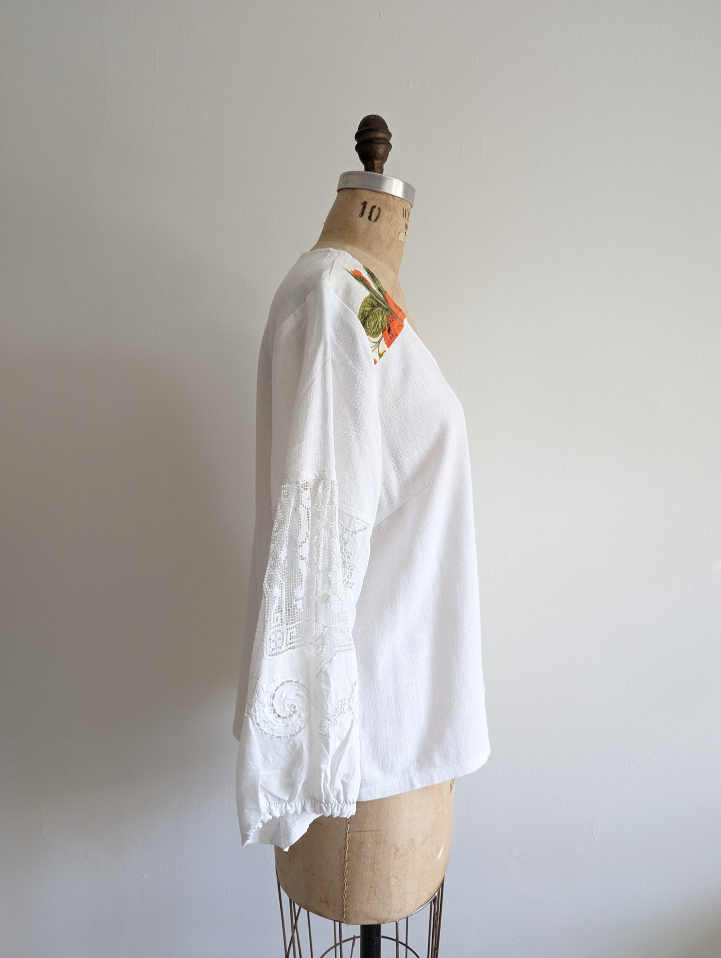 Aster Top with Upcycled Vintage Cottons & Linens - White  Size L #AST18
