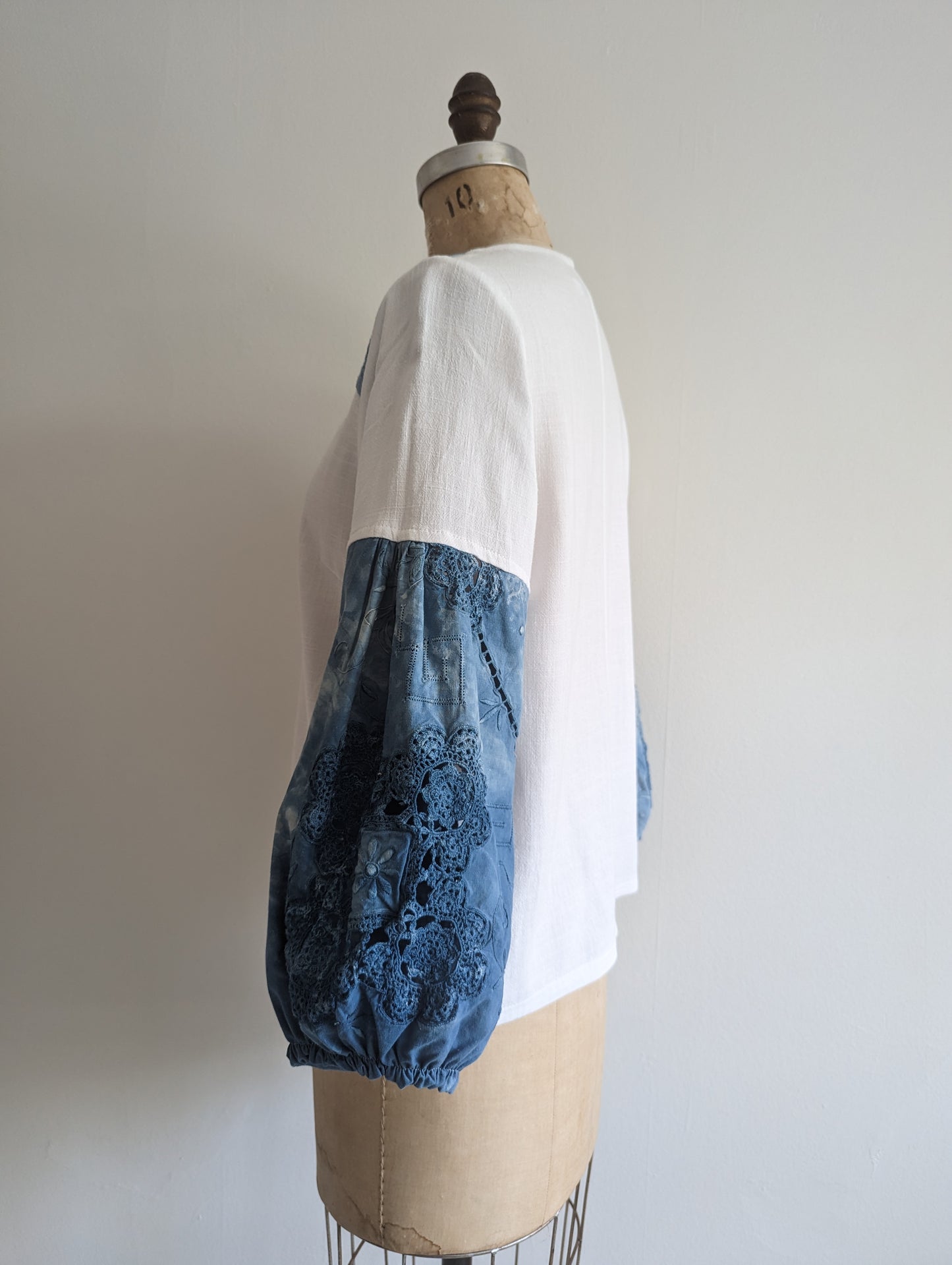 Aster Top with Upcycled Vintage Cottons & Linens - White  Size S #AST15
