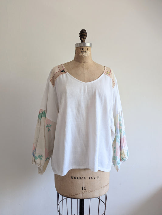 Aster Top with Upcycled Vintage Cottons & Linens - White  Size 2X #AST25