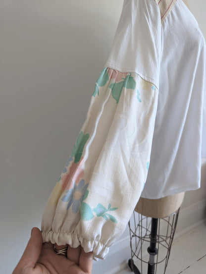 Aster Top with Upcycled Vintage Cottons & Linens - White  Size 2X #AST25