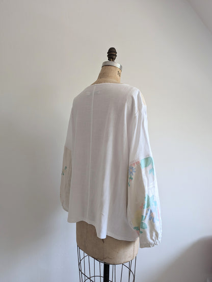 Aster Top with Upcycled Vintage Cottons & Linens - White  Size 2X #AST25