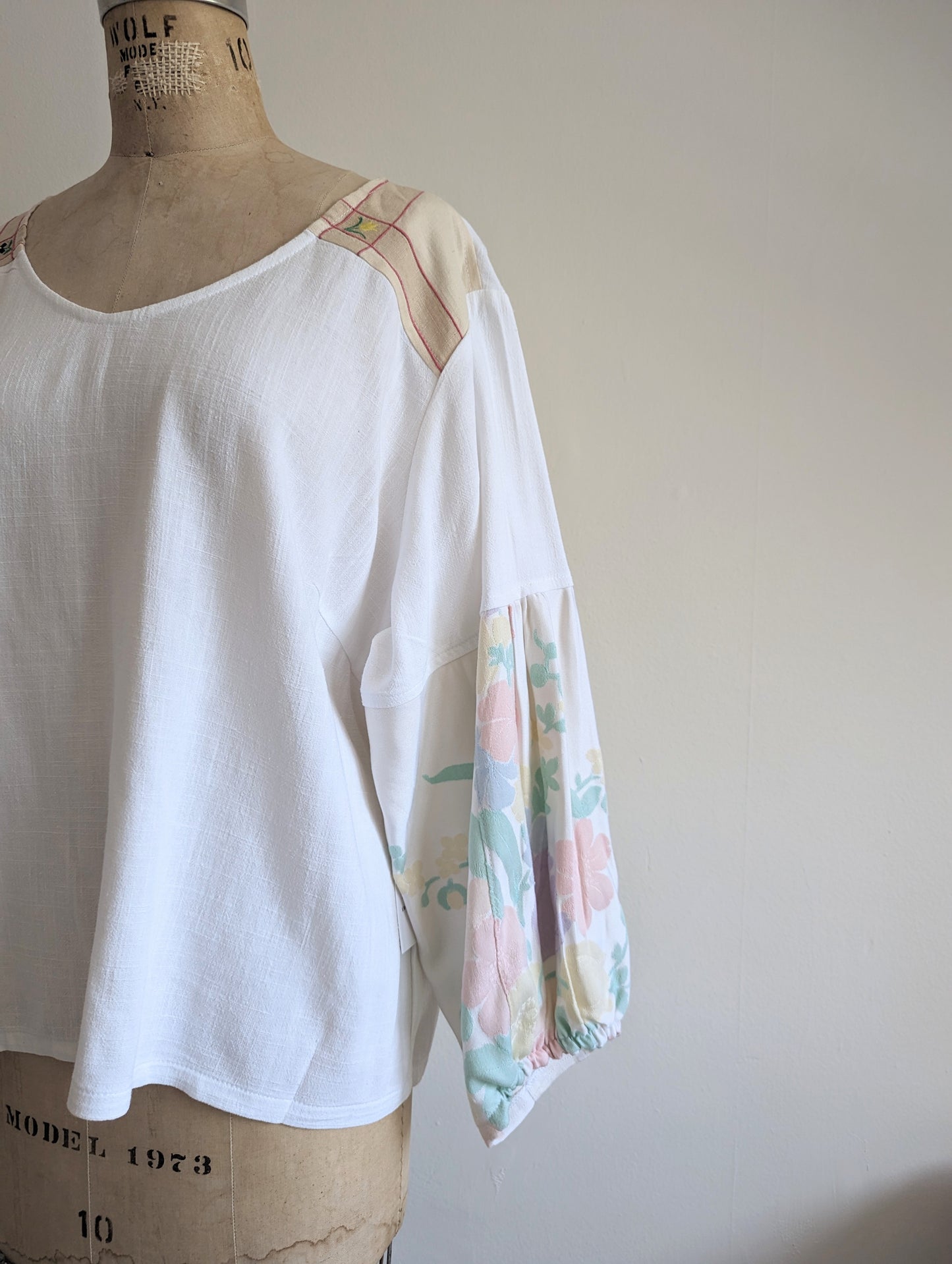 Aster Top with Upcycled Vintage Cottons & Linens - White  Size 2X #AST25