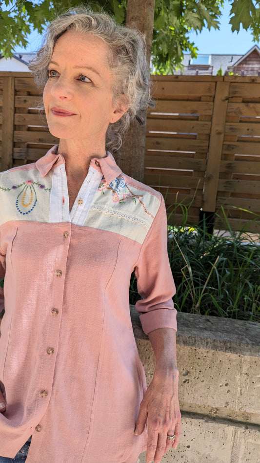 Lauren Button Down Shirt with Upcycled Vintage Yoke Size XS #LAUBP5