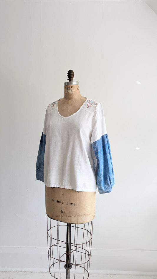 Aster Top with Upcycled Vintage Cottons & Linens - White & Indigo dyed  Size S #AST8