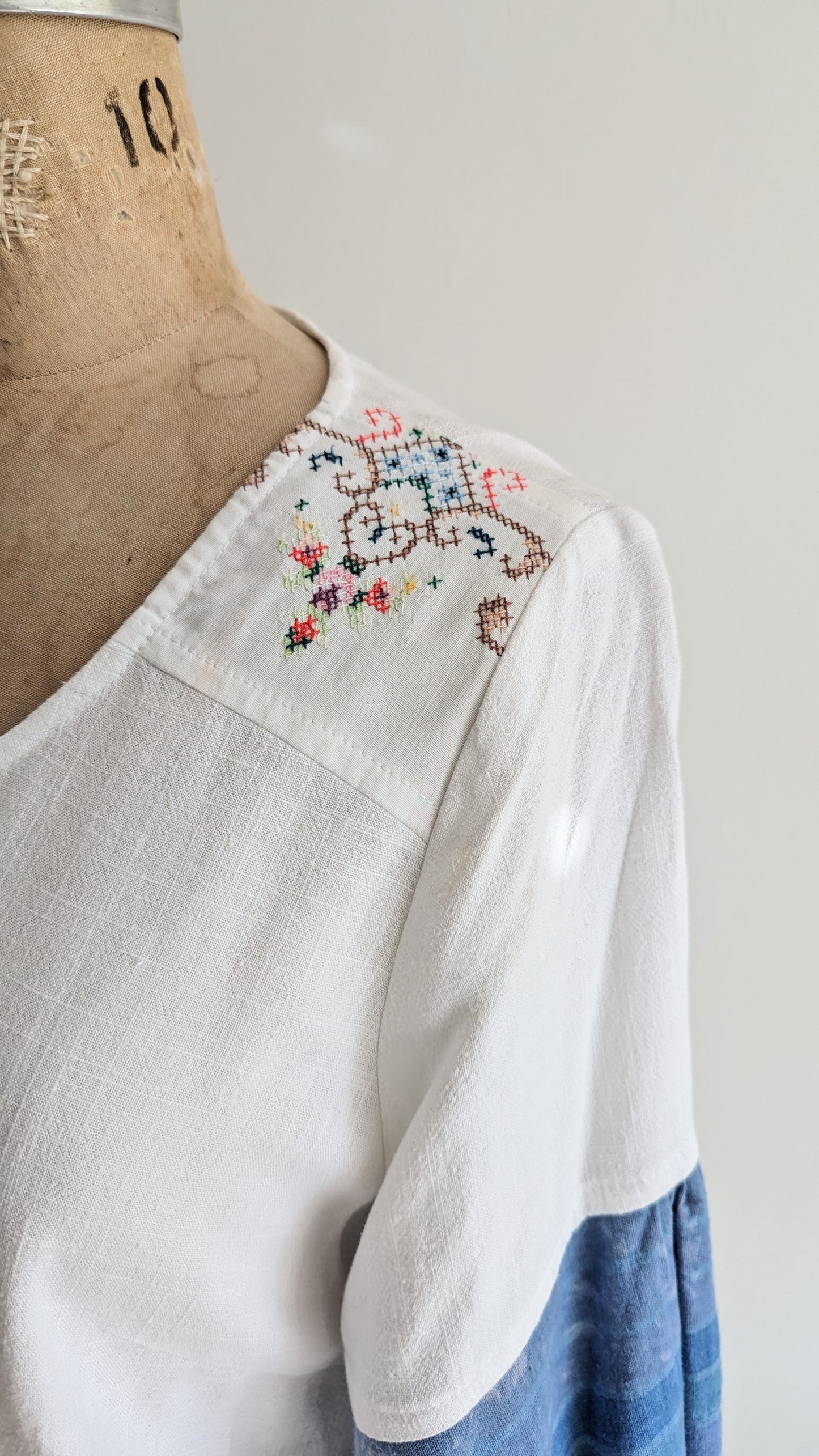 Aster Top with Upcycled Vintage Cottons & Linens - White & Indigo dyed  Size S #AST8