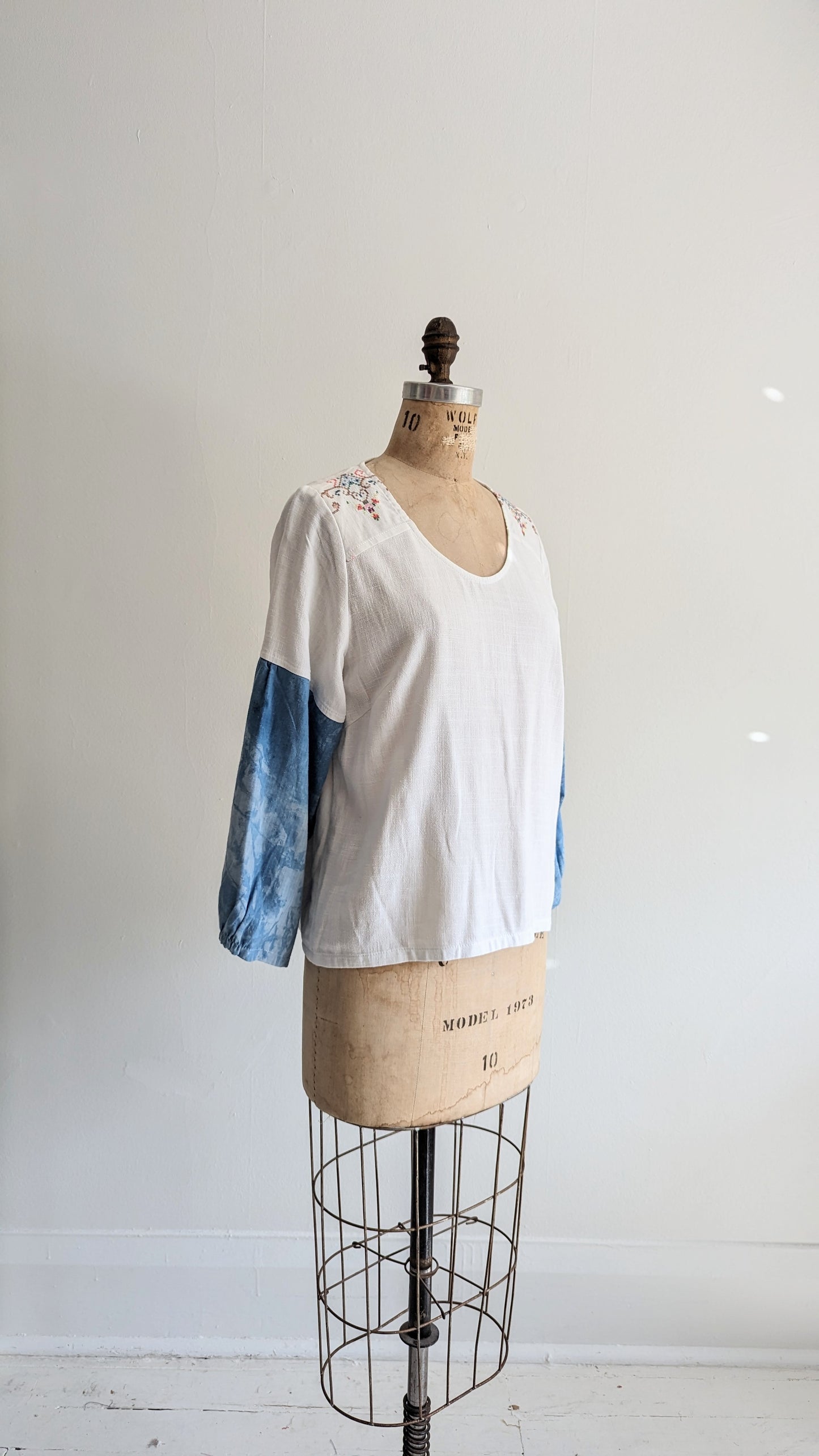 Aster Top with Upcycled Vintage Cottons & Linens - White & Indigo dyed  Size S #AST8