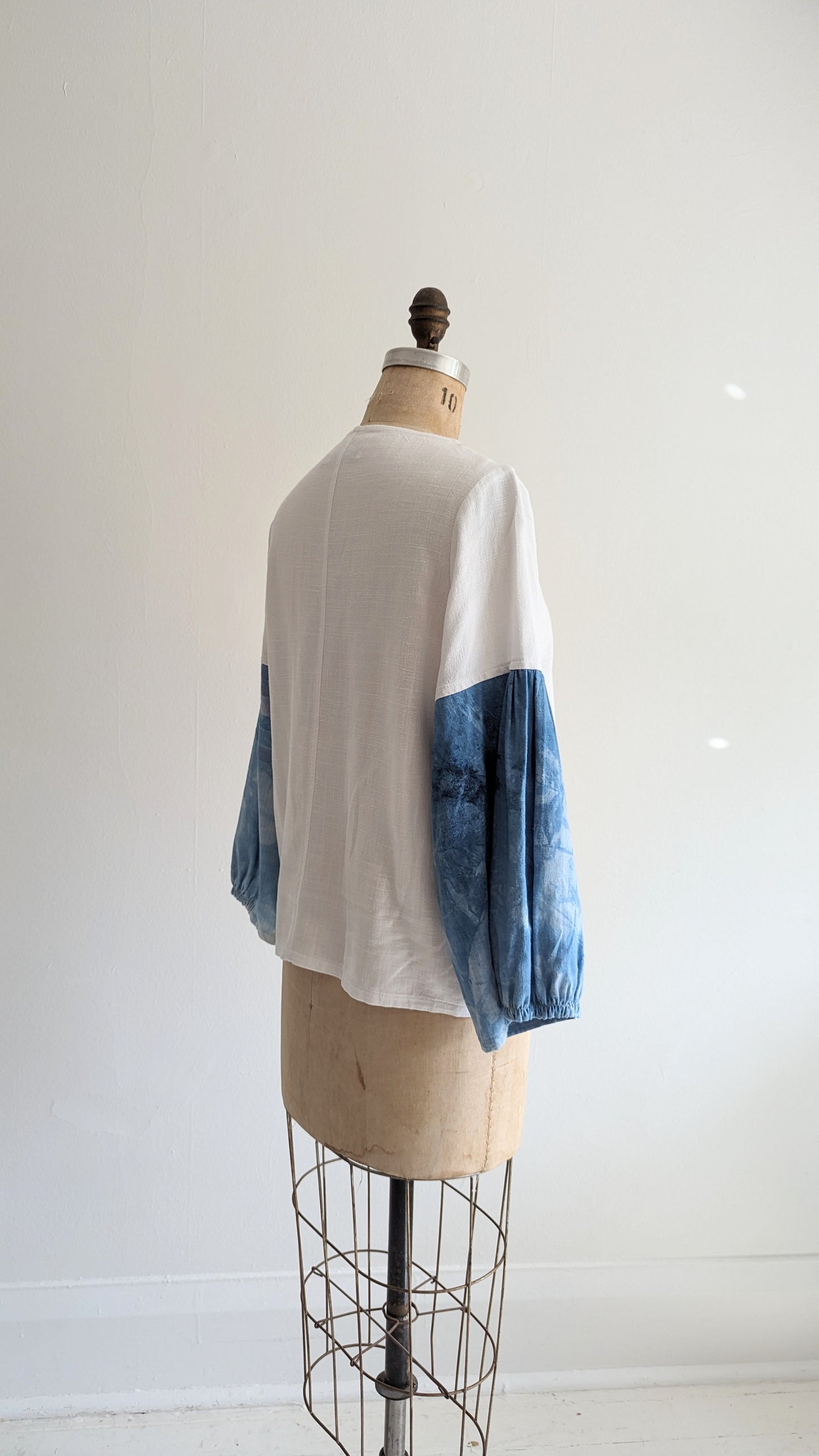 Aster Top with Upcycled Vintage Cottons & Linens - White & Indigo dyed  Size S #AST8