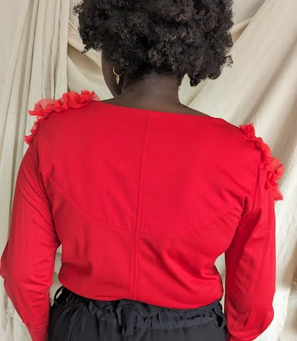 Bryn Top with Hand Draped Ruffles- Candy Apple Red 4 Sizes XS-2X #BRYNR