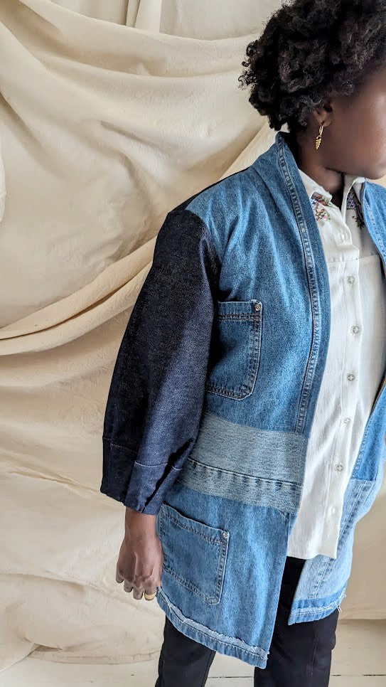 Upcycled denim outlet jacket