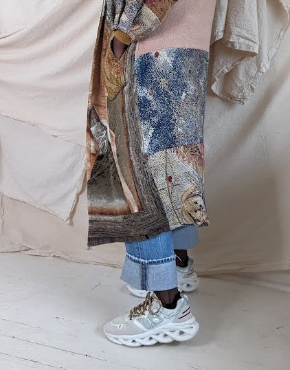 Vivianne Duster with Upcycled Fleece, Woven and Wool Throw Blanket Caribou Theme Size M/L #VIVT7