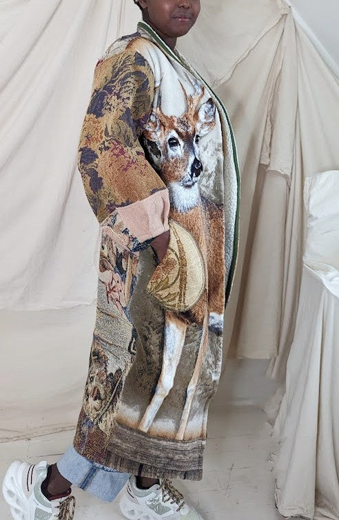 Vivianne Duster with Upcycled Fleece, Woven and Wool Throw Blanket Caribou Theme Size M/L #VIVT7