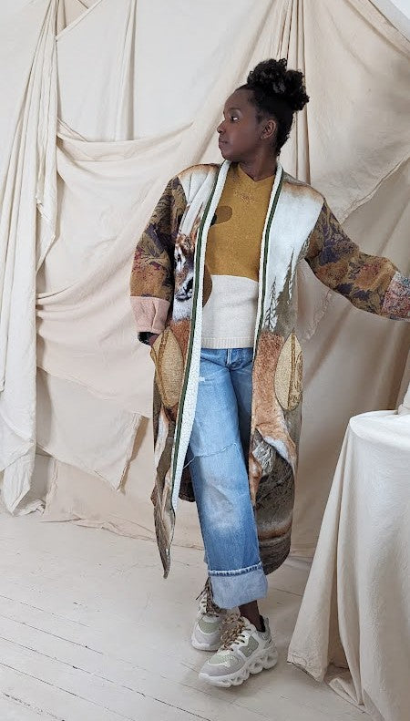 Vivianne Duster with Upcycled Fleece, Woven and Wool Throw Blanket Caribou Theme Size M/L #VIVT7