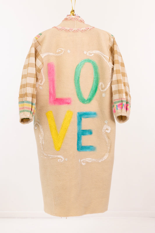 Love Notes Collection Vintage Wool Blanket with Double Fringe Trim Collar & LOVE Hand Painting Duster #COL25 Size M/L