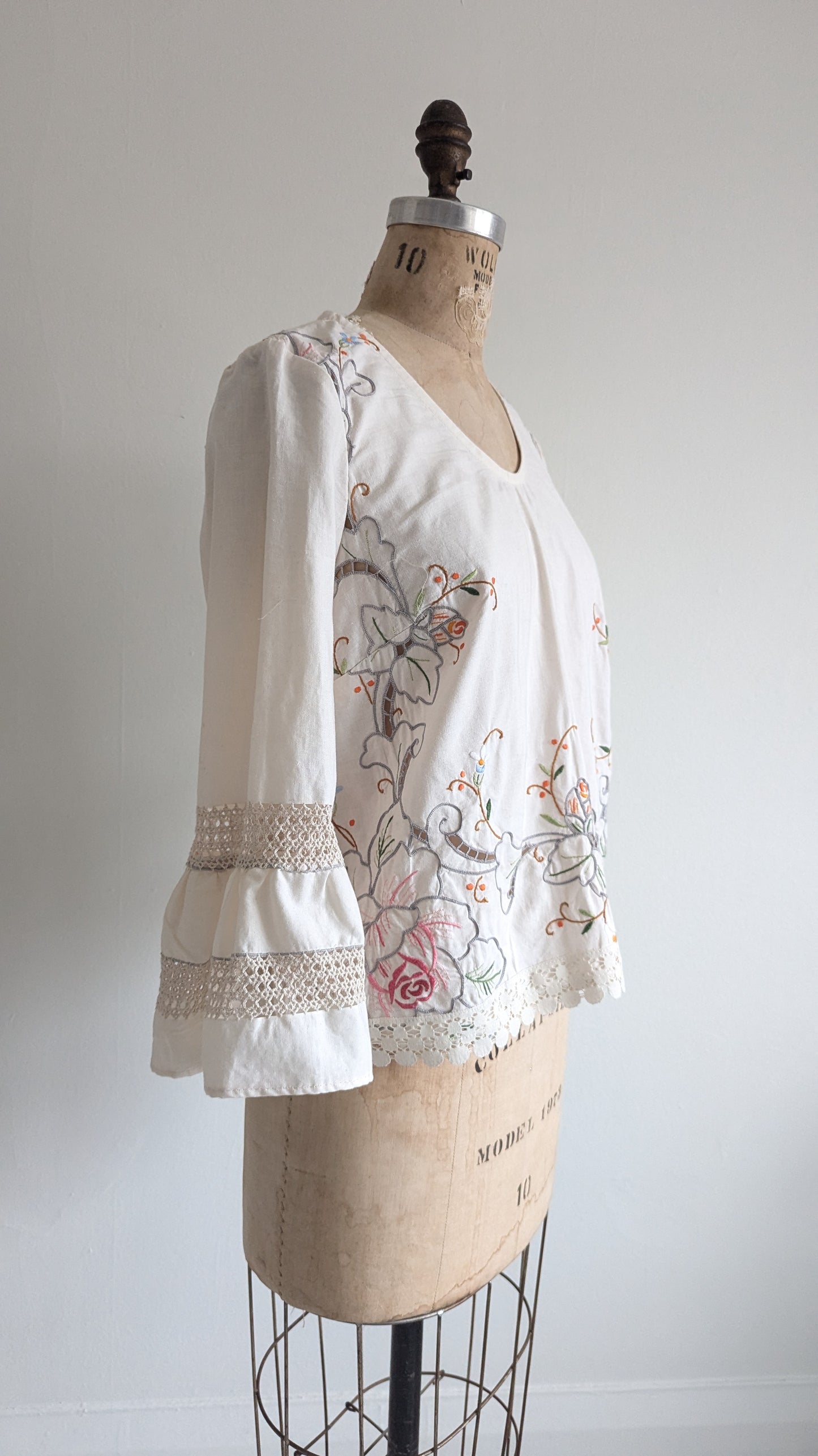 Chloe Top with Vintage Cotton Embroidered & Crochet Inset Size M #CHL8