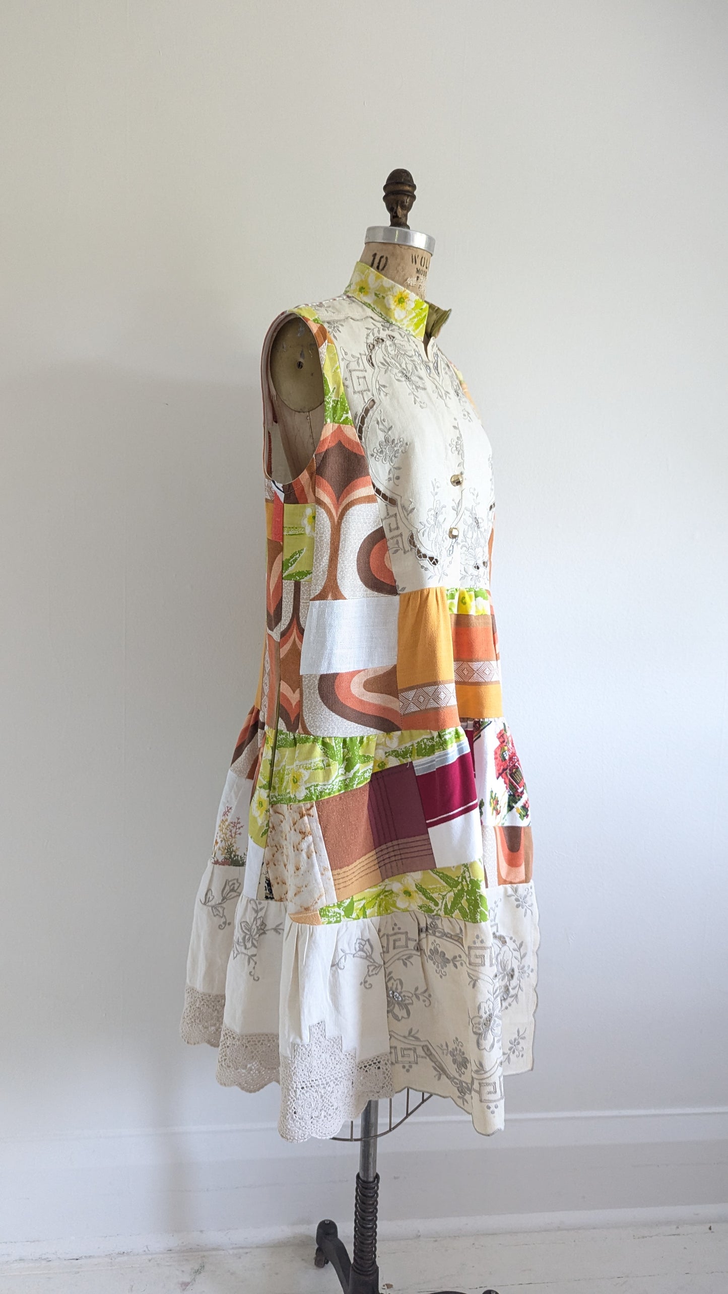 Carrie Dress - One of a Kind Upcycled & Vintage Cotton & Linen & Cut Lace Size L/XL #CAR12