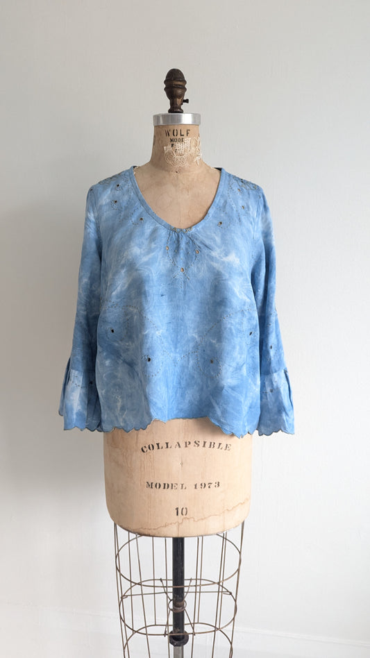 Chloe Top with Vintage Embroidered Cotton Naturally Indigo Dyed Size L #CHL12