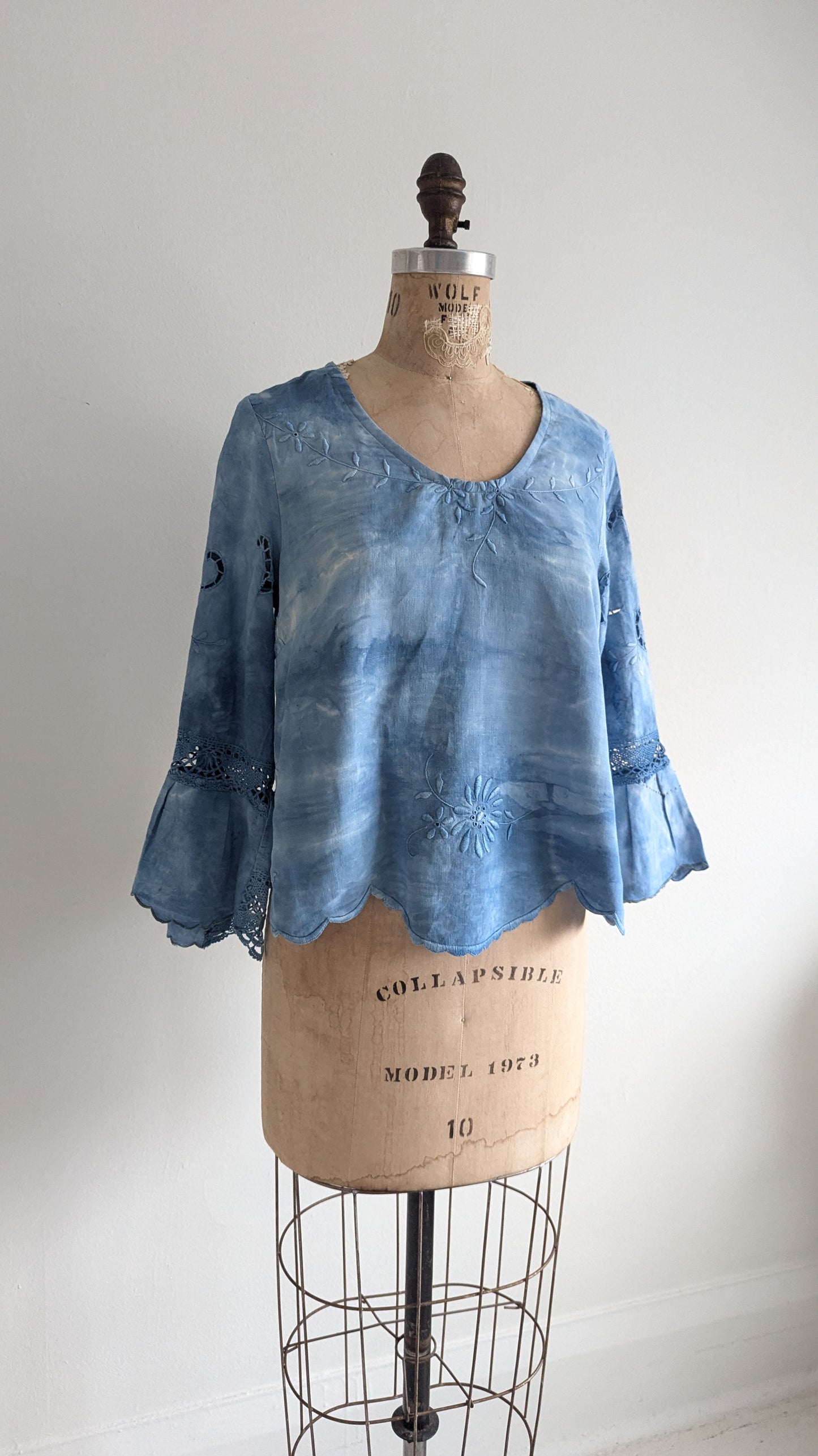 Chloe Top with Vintage Embroidered Cotton Naturally Indigo Dyed Size M #CHL11