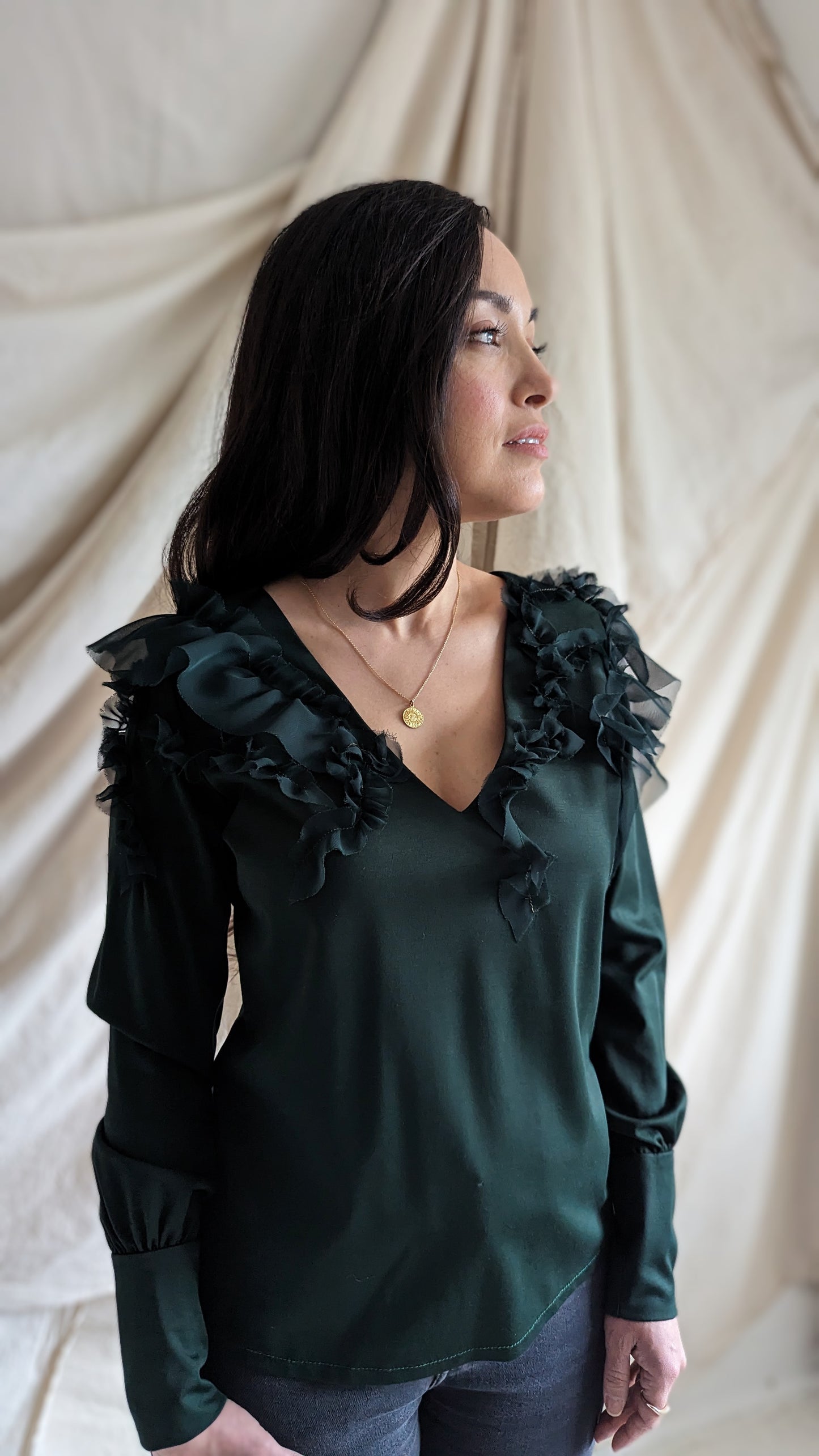 Bryn Top with Hand Draped Ruffles - Forest Green 4 Sizes XS-2X #BRYNG