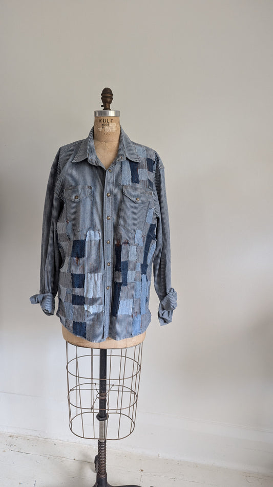 Upcycled Wrangler Pinstriped Jean Shirt with Woven frayed Denim & Topstitching Size XL #DEN6