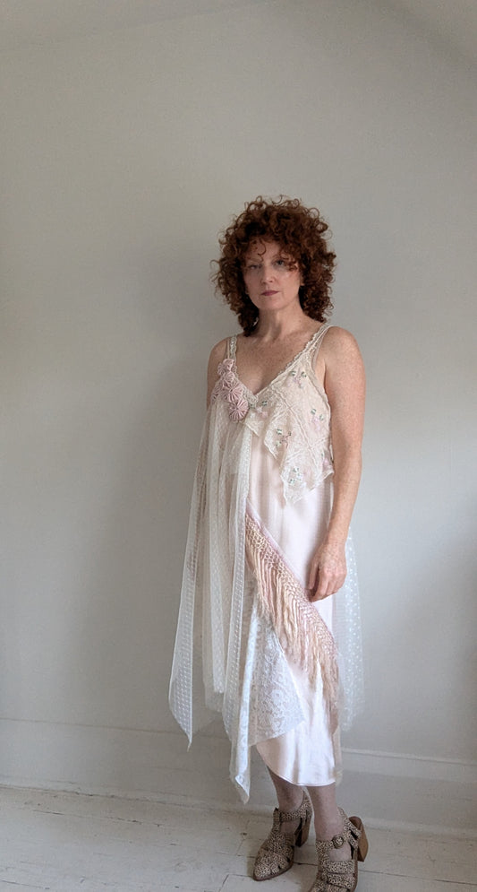 Upcycled Blush Satin Slip Dress with Draped Vintage Lace & Trims Size L-2X #LACE3