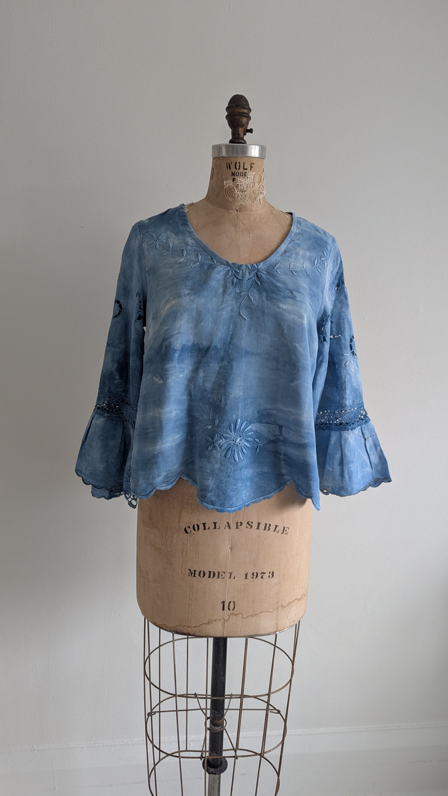 Chloe Top with Vintage Embroidered Cotton Naturally Indigo Dyed Size M #CHL11