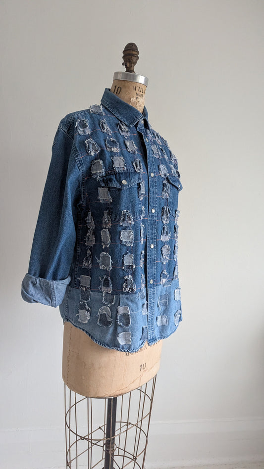 Upcycled Modern Workwear Denim Shirt - Square Series Size L #DEN9