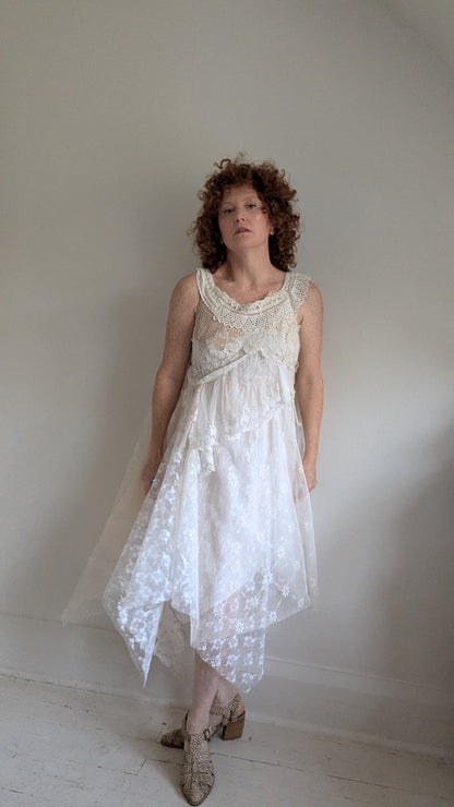 Upcycled Slip Dress with Draped Vintage Lace & Trims Size L/XL #LACE1