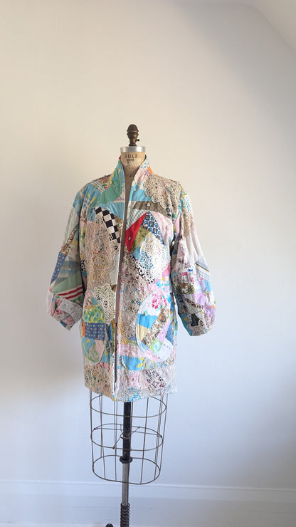 Vivianne Jacket Upcycled Antique Handmade Quilt with Doily Overlay Size S/M #VIVQ17