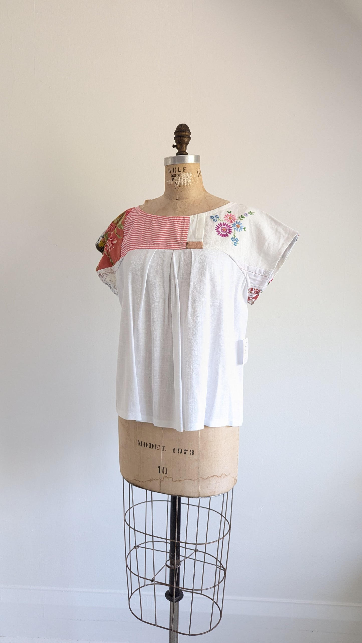 Peony Top - One of a Kind Upcycled Vintage Battenberg Lace, Needlepoint, Cotton & Linen Size XL #PEO22