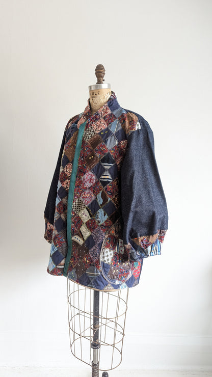 Vivianne Antique Quilt & Denim Jacket Upcycled Handmade Quilt Size XL/2X #VIVQ18