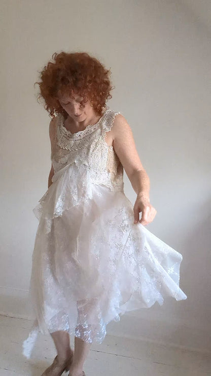 Upcycled Slip Dress with Draped Vintage Lace & Trims Size L/XL #LACE1