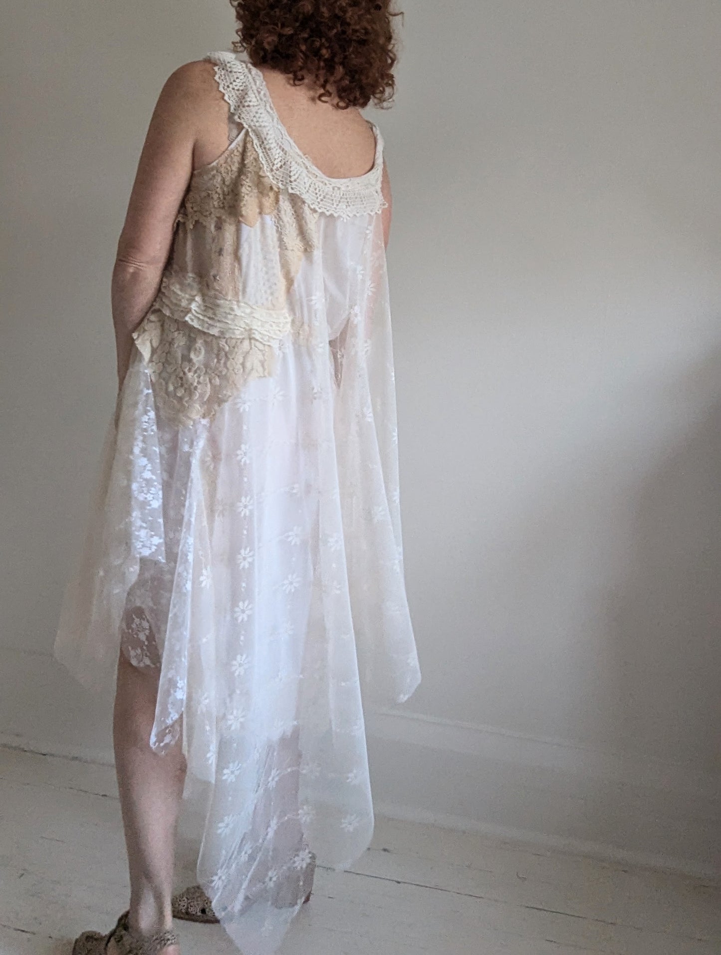 Upcycled Slip Dress with Draped Vintage Lace & Trims Size L/XL #LACE1