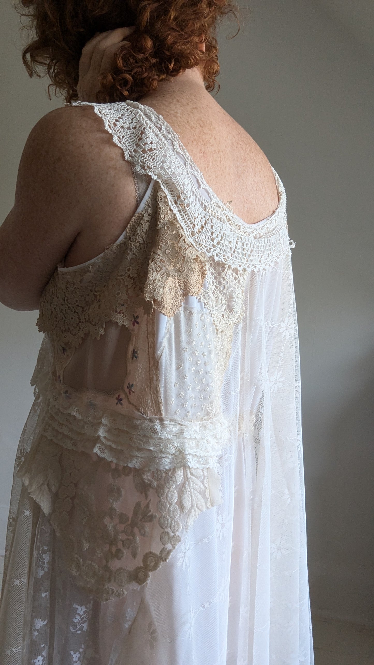 Upcycled Slip Dress with Draped Vintage Lace & Trims Size L/XL #LACE1