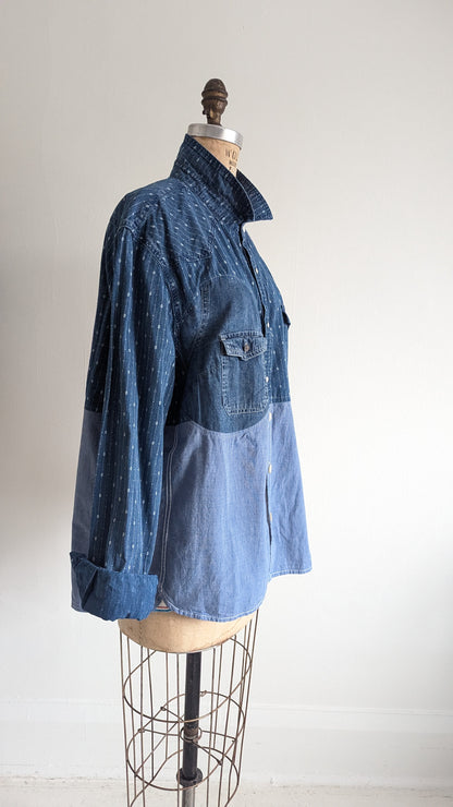 Upcycled Modern Workwear Cotton & Denim Shirt - Circle Series Size XL #DEN10