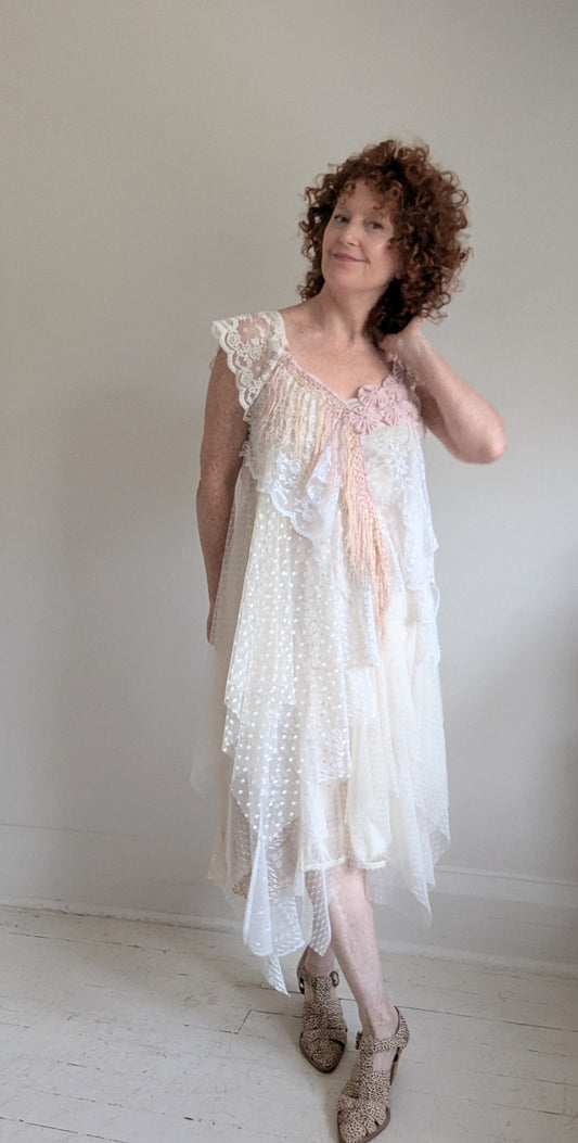 Upcycled Slip Dress with Draped Vintage Lace & Trims Size M/L #LACE4