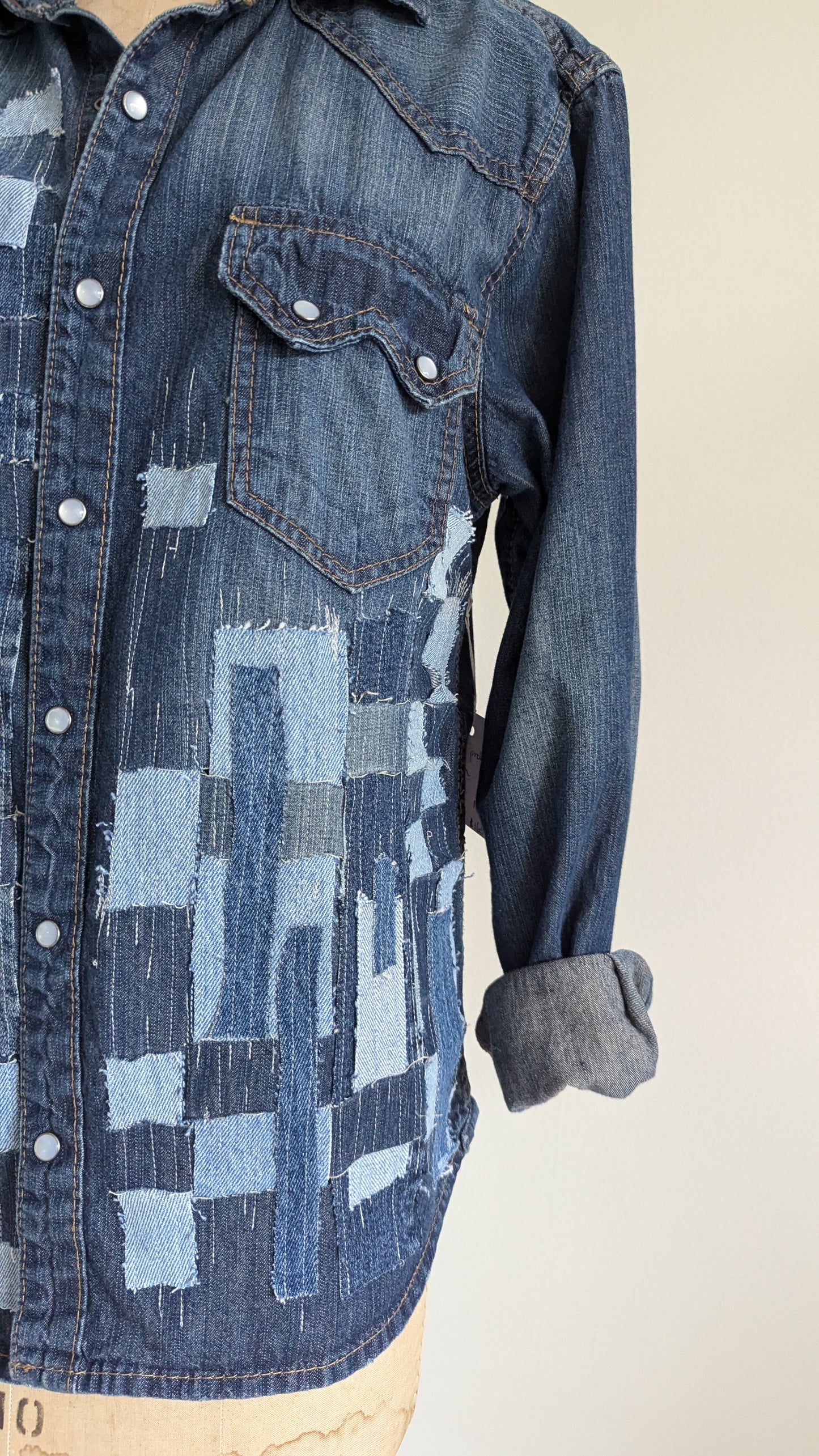 Upcycled Jean Shirt with Woven frayed Denim & Topstitching Size M/L #DEN5