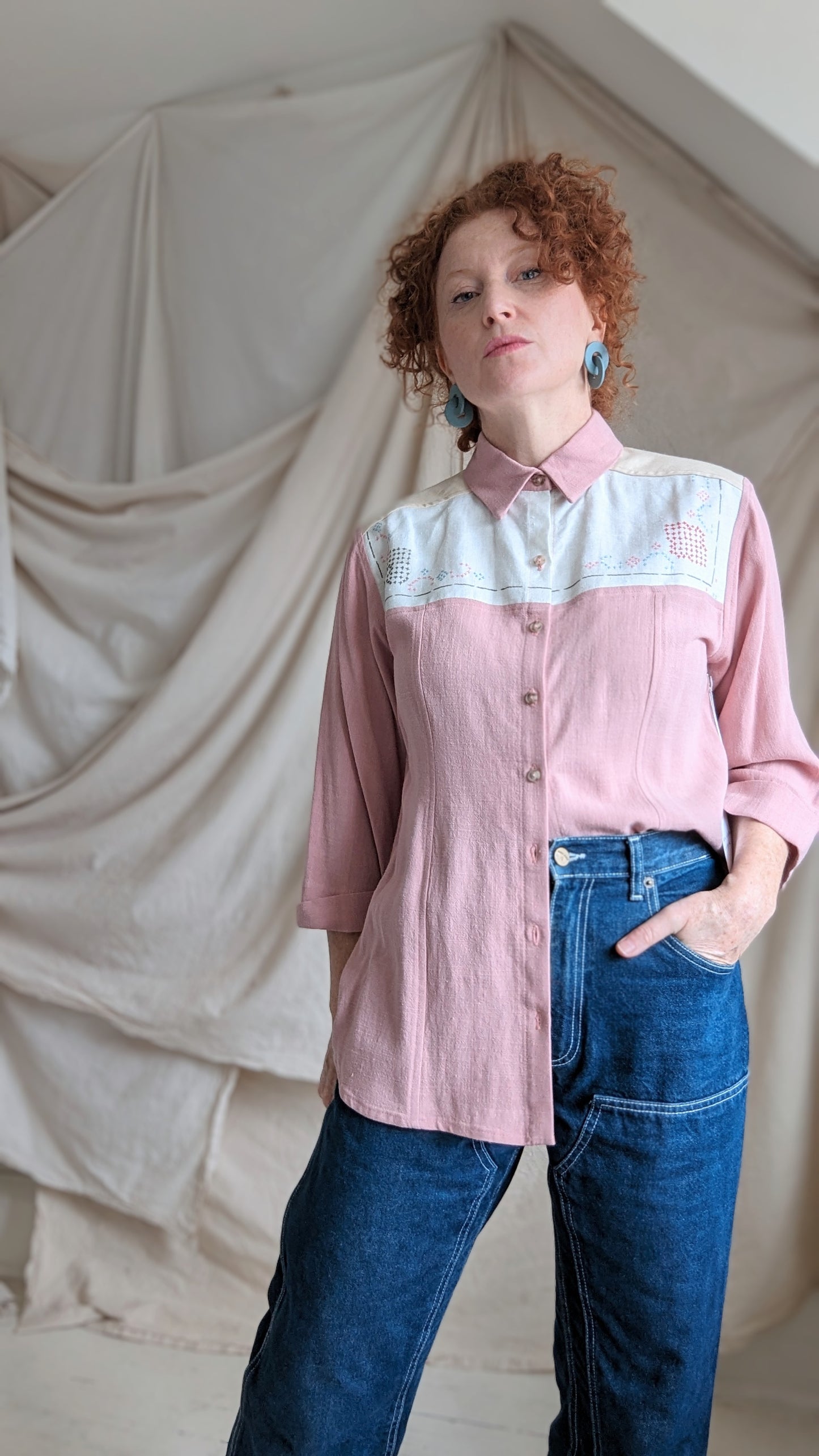 Lauren Button Down Shirt with Upcycled Vintage Yoke Size M #LAUBP1