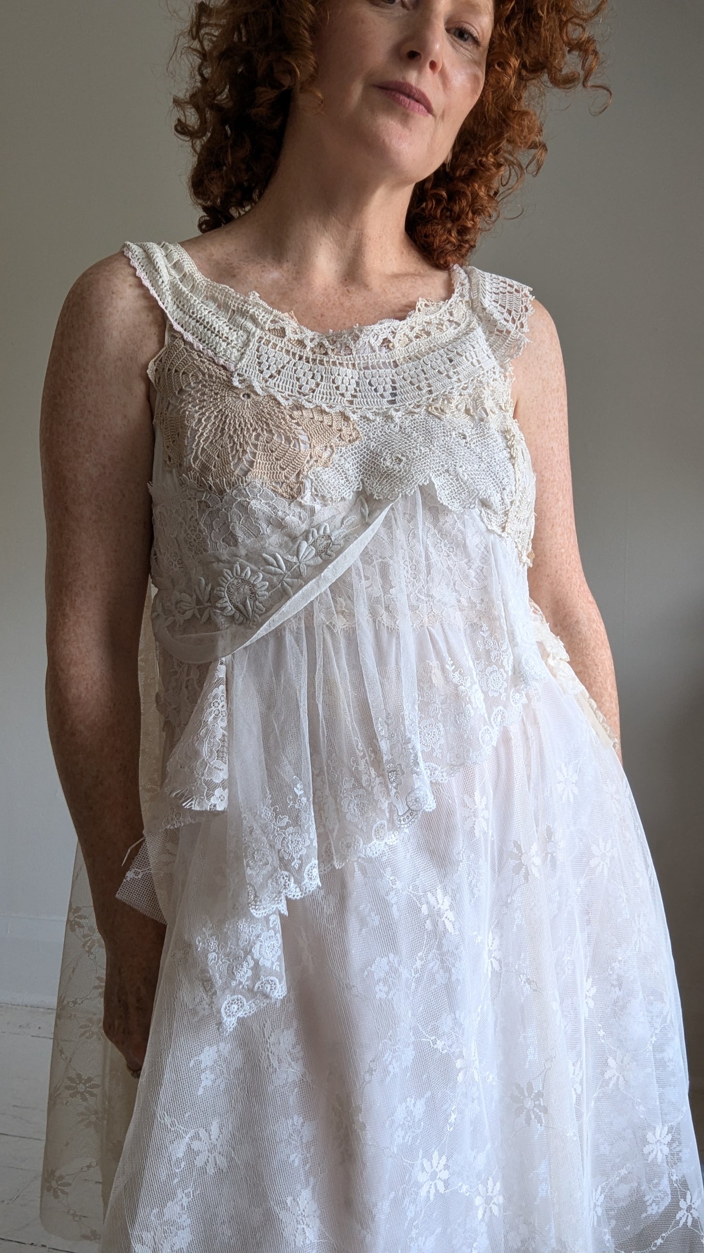 Upcycled Slip Dress with Draped Vintage Lace & Trims Size L/XL #LACE1