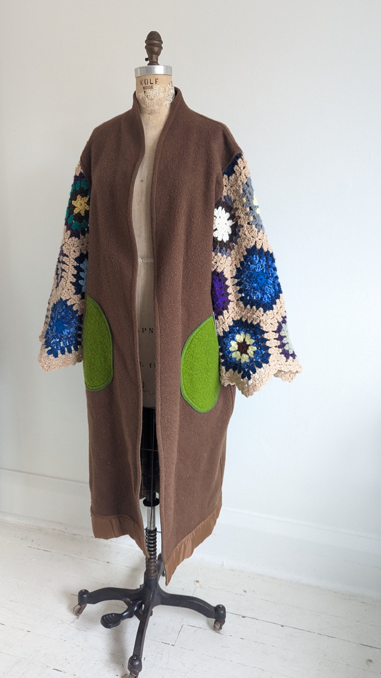 Vivianne Duster with Upcycled Vintage Wool & Crocheted Sleeves Size M/L #VIVW20