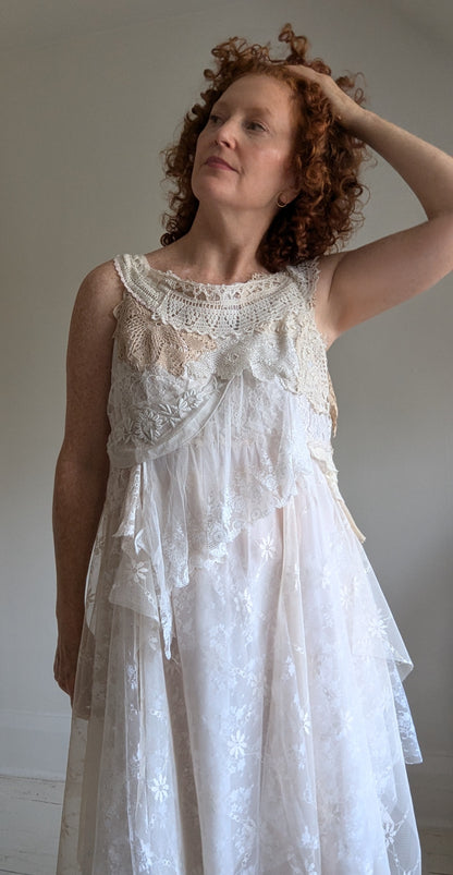 Upcycled Slip Dress with Draped Vintage Lace & Trims Size L/XL #LACE1