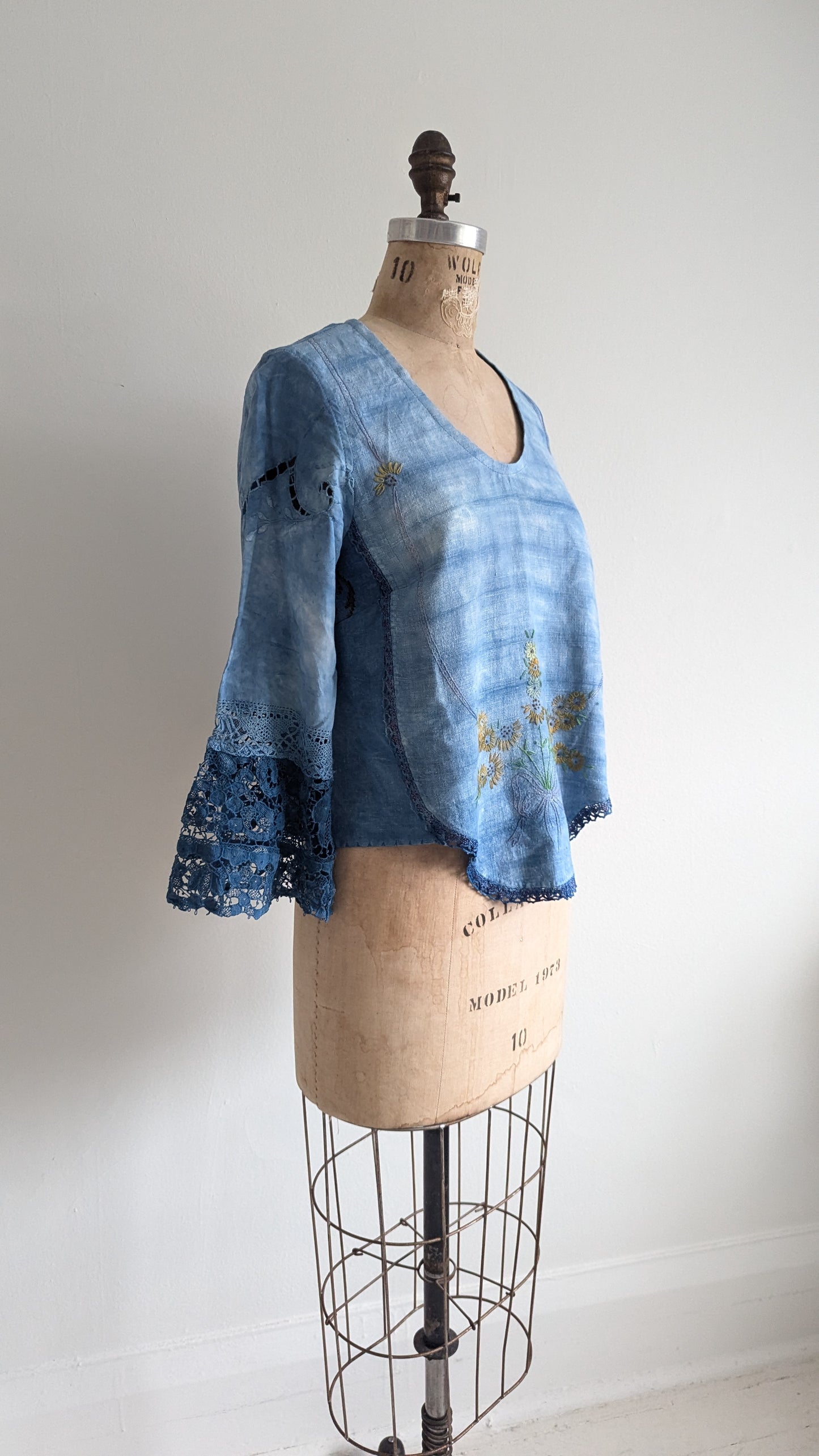 Chloe Top with Vintage Embroidered Cotton & Lace Naturally Indigo Dyed Size S #CHL9