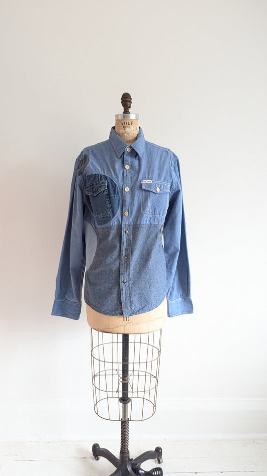 Upcycled Modern Wrangler Workwear Cotton & Denim Shirt - Circle Series Size M #DEN13