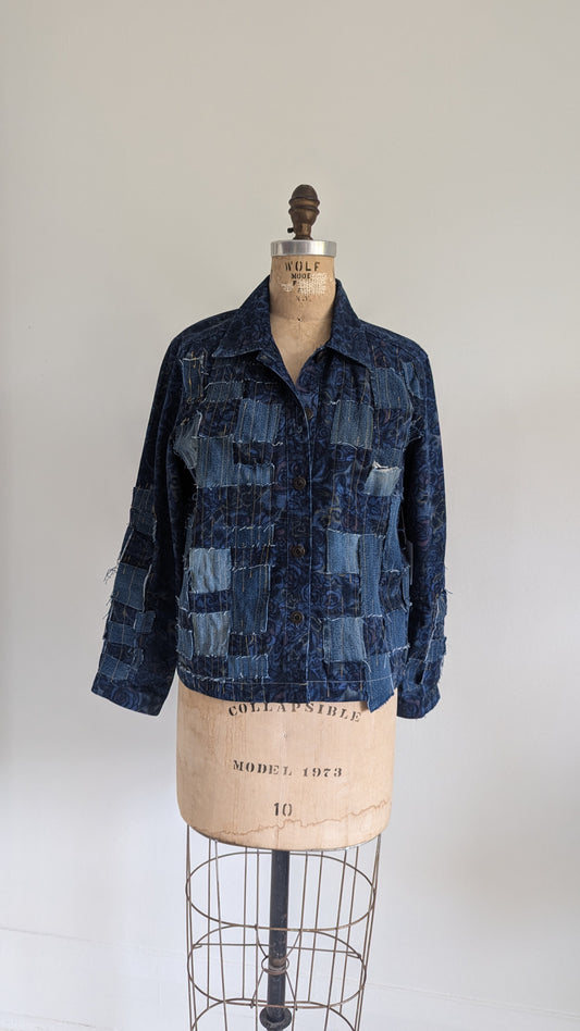 Upcycled Vintage Jean Jacket with Woven frayed Denim & Topstitching Size S/M #DEN2