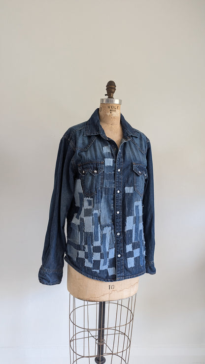 Upcycled Jean Shirt with Woven frayed Denim & Topstitching Size M/L #DEN5