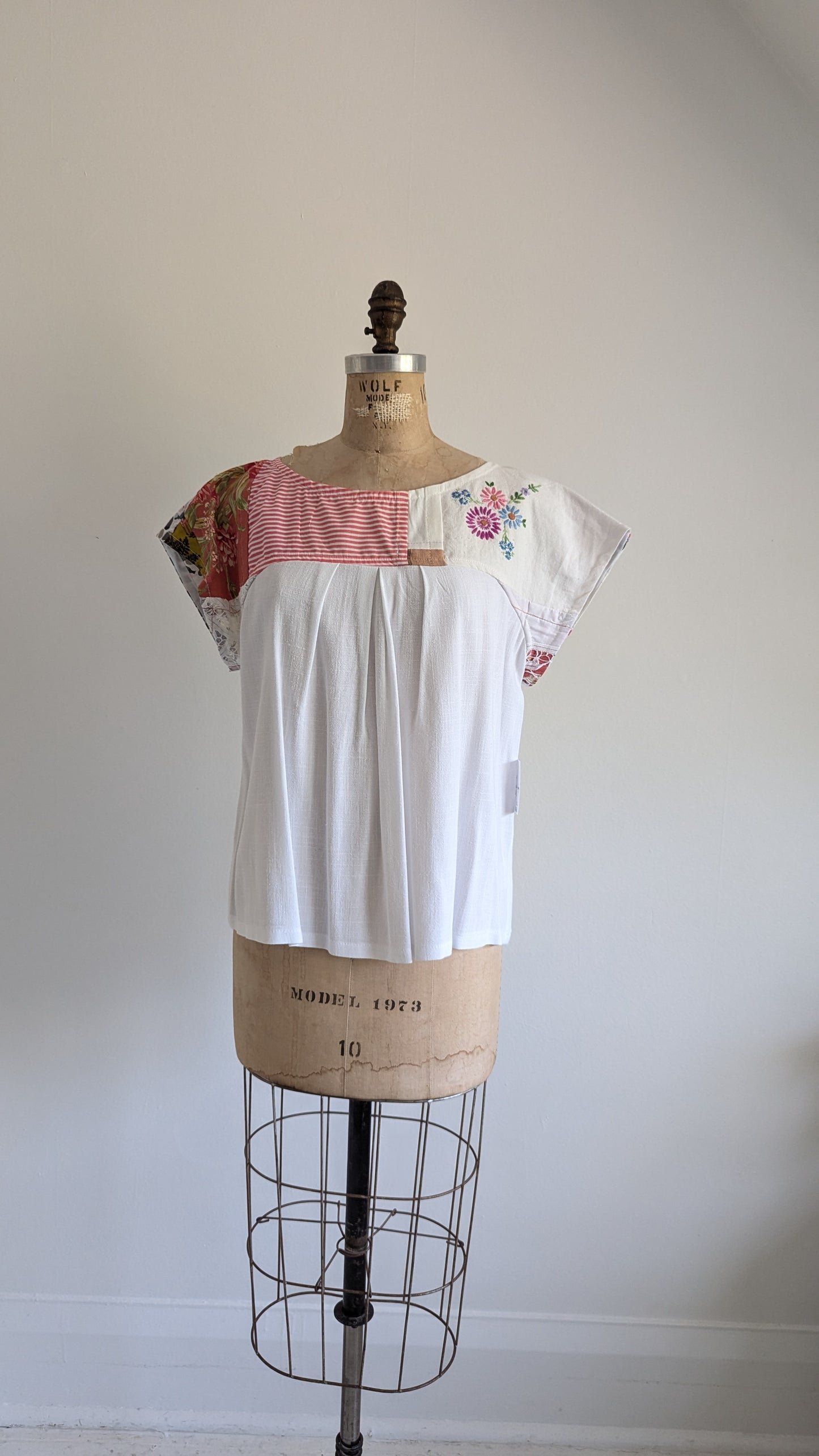 Peony Top - One of a Kind Upcycled Vintage Battenberg Lace, Needlepoint, Cotton & Linen Size XL #PEO22