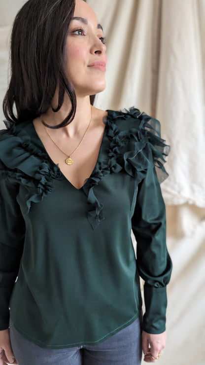 Bryn Top with Hand Draped Ruffles - Forest Green 4 Sizes XS-2X #BRYNG