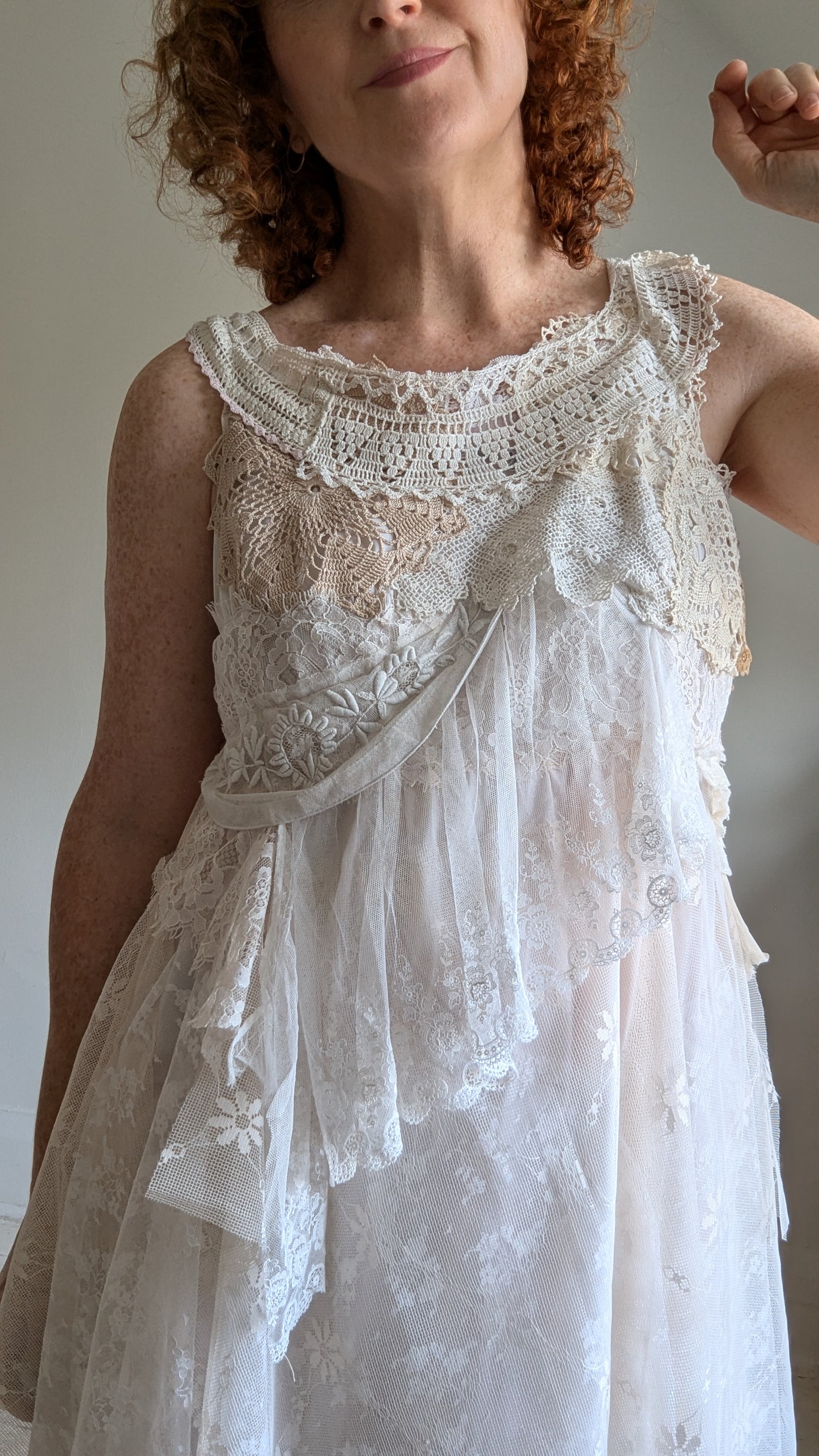 Upcycled Slip Dress with Draped Vintage Lace & Trims Size L/XL #LACE1